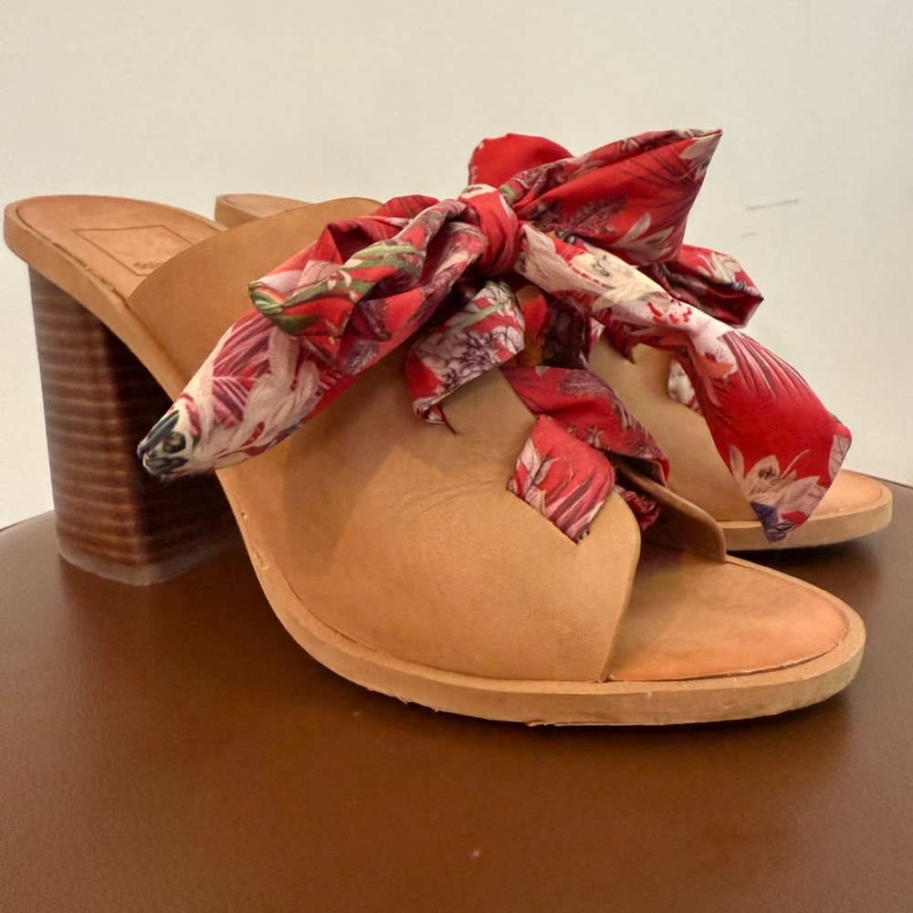 Dolce Vita Tan Mules with Red Floral Bow